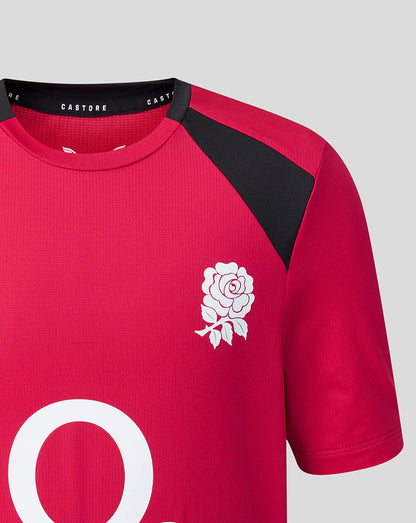 Red sports jersey with a white rose emblem on a gray background
