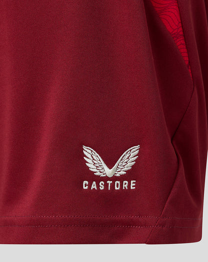 Close-up of burgundy athletic shorts showing the Castore wing logo and brand name embroidered in white on the front, with a hint of red patterned lining on the side.