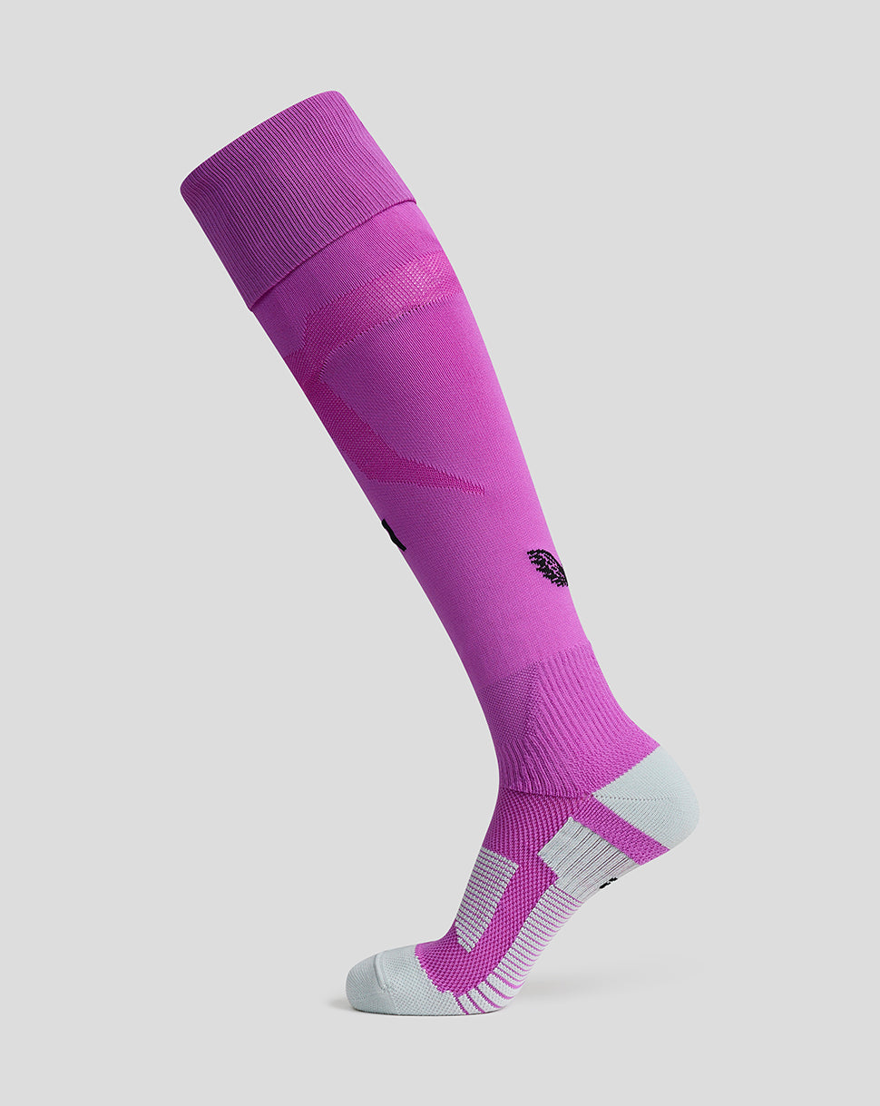 Purple knee-high sock with a small logo on a light gray background
