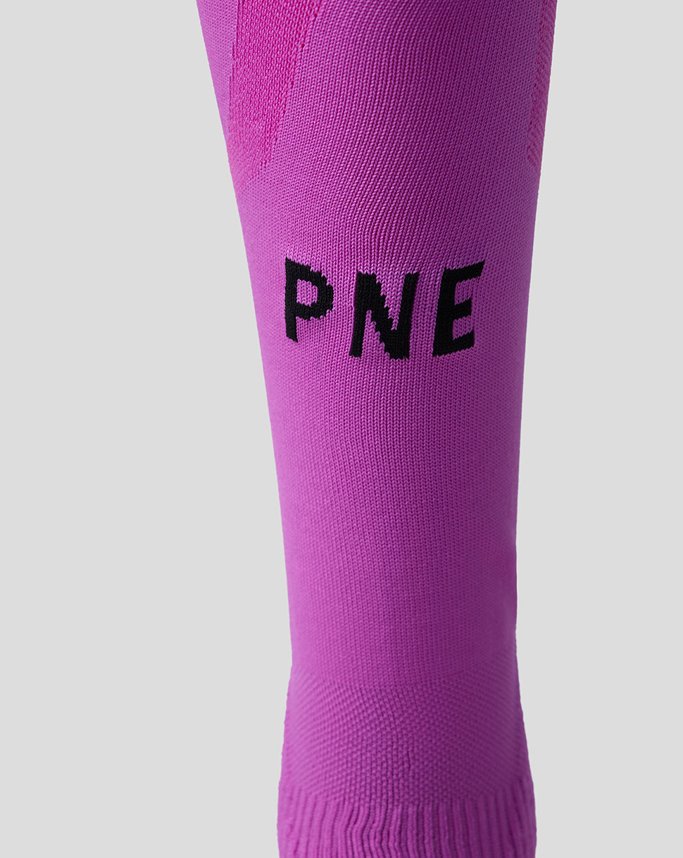 Purple sock with 'PNE' text on a light gray background
