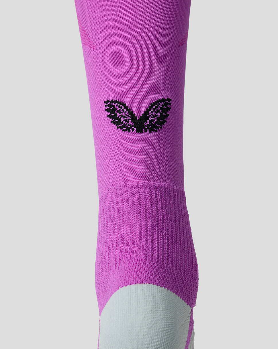 Purple sock with a black logo on a light gray background