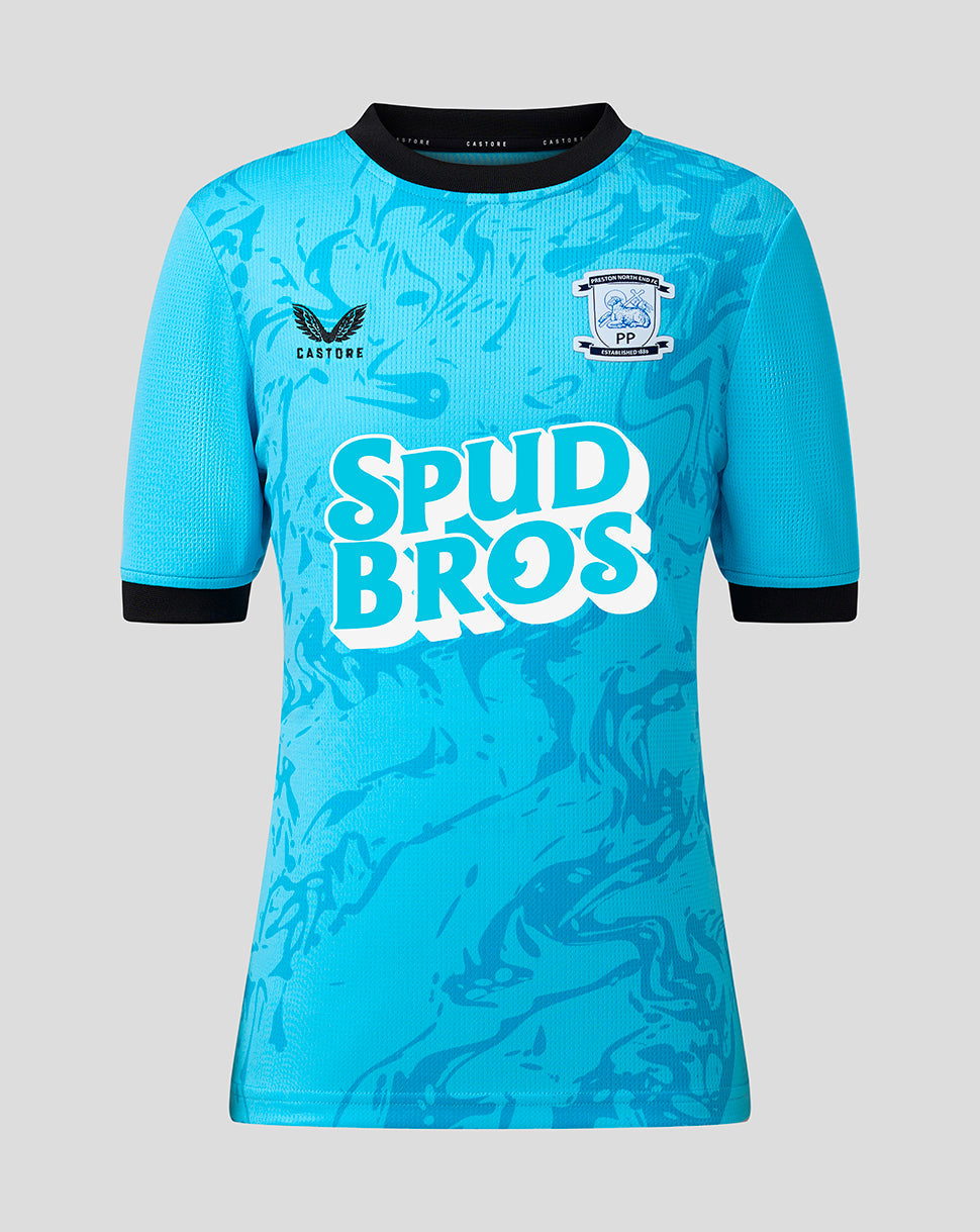 Blue sports jersey with 'Spud Bros' text and logo on a gray background