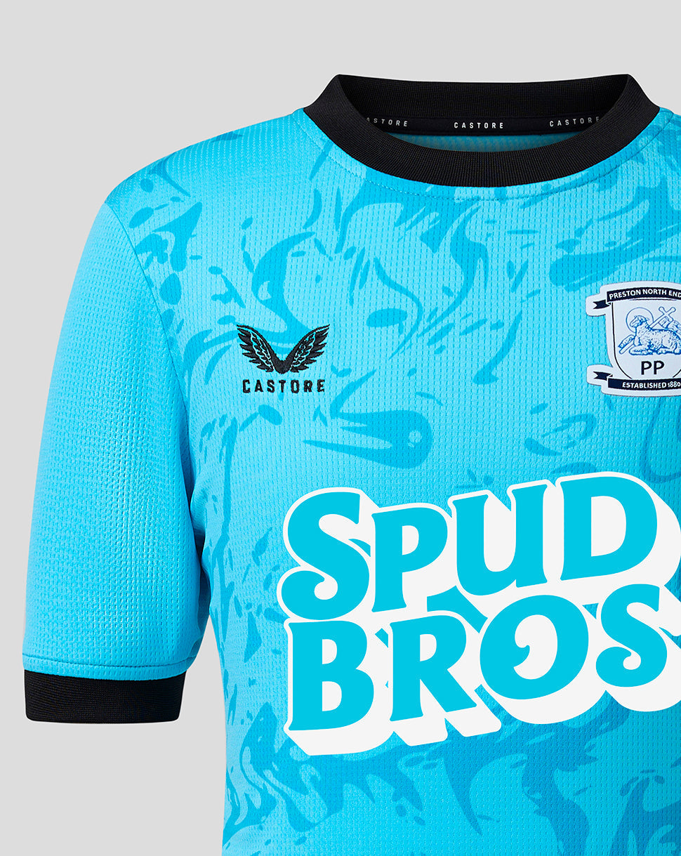 Blue sports jersey with 'SPUD BROS' text and logos on a gray background