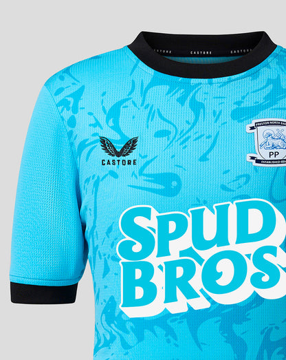 Blue sports jersey with 'SPUD BROS' text and logos on a gray background