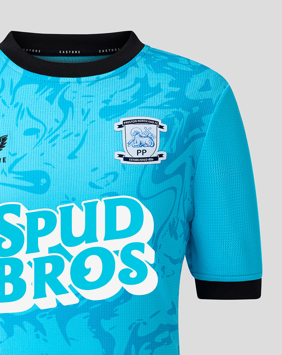 Blue sports jersey with 'Spud Bros' text and a logo on a gray background