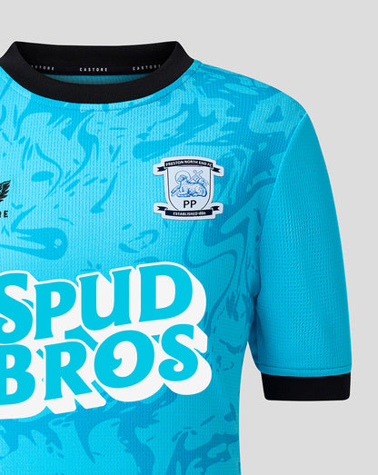 Blue sports jersey with 'Spud Bros' text and a logo on a gray background