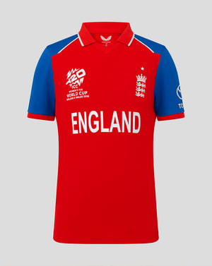 Junior England T20 World Cup replica shirt in red with blue sleeves and large ENGLAND lettering.
