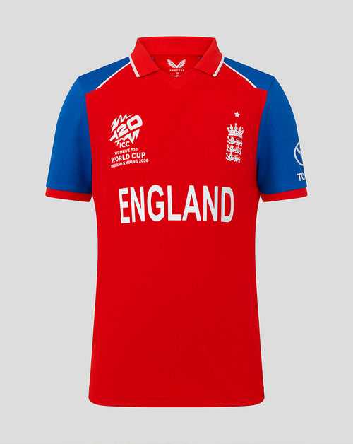 Junior England T20 World Cup replica shirt in red with blue sleeves and large ENGLAND lettering.