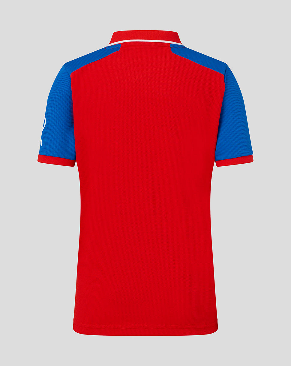 Back view of England junior T20 WWC replica shirt in red with blue sleeves