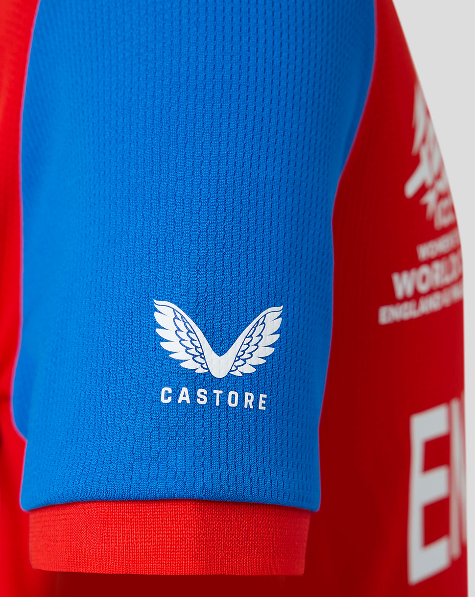 Close-up of blue sleeve with Castore logo on England junior T20 replica shirt