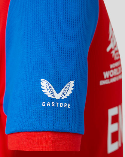 Close-up of blue sleeve with Castore logo on England junior T20 replica shirt