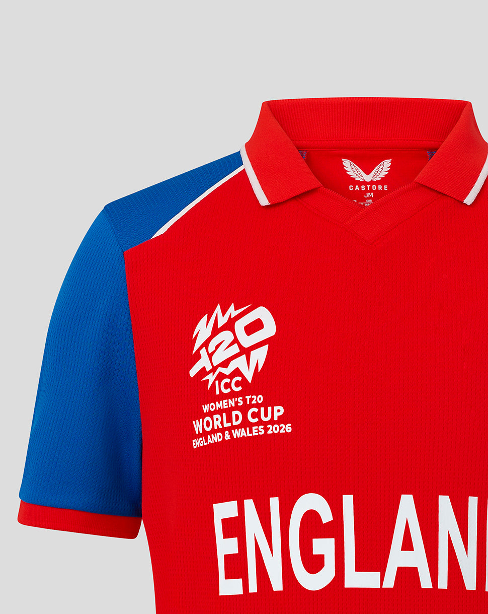 England junior T20 World Cup replica shirt red with blue sleeves and large ENGLAND lettering across the chest