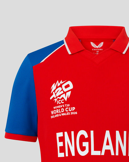 England junior T20 World Cup replica shirt red with blue sleeves and large ENGLAND lettering across the chest