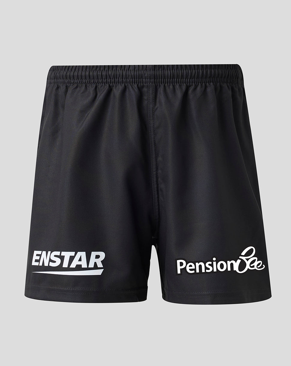 Black athletic shorts with white printed logos, featuring 'ENSTAR' on the left leg and 'Pension Bee' on the right leg, displayed against a neutral gray background.