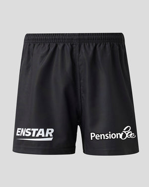 Black athletic shorts with white printed logos, featuring 'ENSTAR' on the left leg and 'Pension Bee' on the right leg, displayed against a neutral gray background.