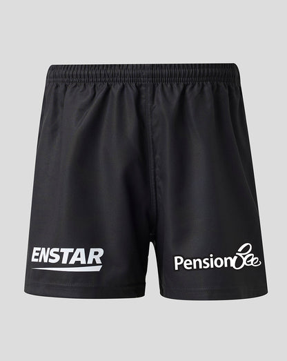 Black athletic shorts with white printed logos, featuring 'ENSTAR' on the left leg and 'Pension Bee' on the right leg, displayed against a neutral gray background.
