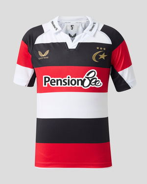A short-sleeve rugby jersey with horizontal black, white, and red stripes, featuring a white collar, the 'Pension Bee' sponsor logo across the chest, and gold winged emblem on the right chest.