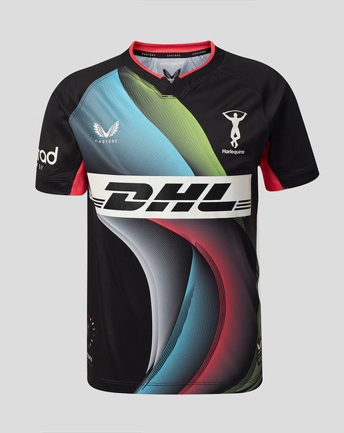 A short-sleeve athletic jersey with a black base and bold abstract wave graphics in light blue, green, red, and gray. The jersey features a large white DHL logo across the chest, a white Castore logo on the right chest, and a white Harlequins logo on the left chest, set against a solid light gray background.