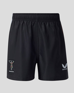 Junior home replica shorts in black with Harlequins crest on left leg and Castore branding