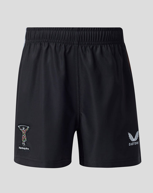 Junior home replica shorts in black with Harlequins crest on left leg and Castore branding