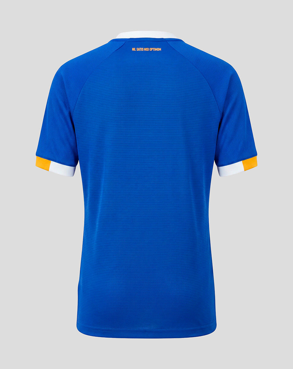 Back view of Everton FC Junior 26/27 Home Short Sleeve Shirt in blue with a small orange motto near the neckline