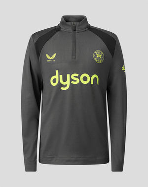 A dark gray long-sleeve athletic quarter-zip pullover with black shoulder panels, featuring a yellow-green Dyson logo on the chest, a yellow-green Bath Rugby club crest, and a yellow-green Castore logo on the left chest.