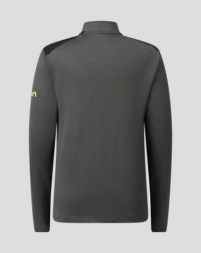 A dark gray long-sleeve athletic quarter-zip pullover shown from the back, featuring a small yellow logo on the left sleeve and black shoulder panels, set against a solid gray background.