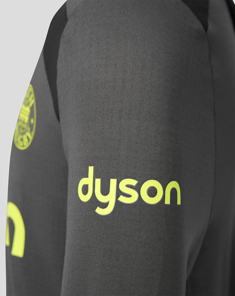 Close-up of a dark gray athletic jacket sleeve featuring a bright yellow-green 'dyson' logo printed on the front and part of a circular logo on the upper arm.