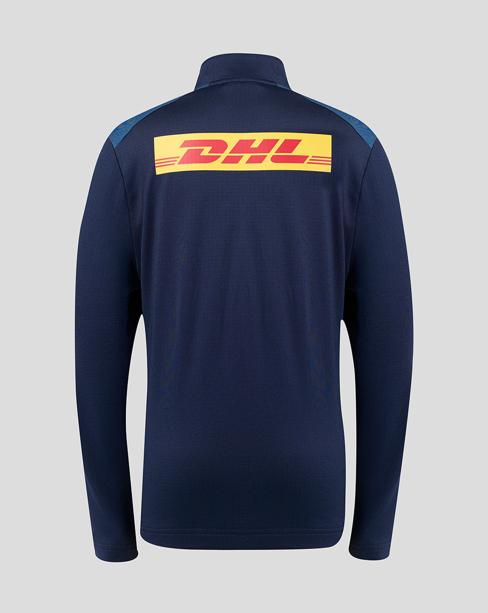 Navy blue jacket with DHL logo on the back against a light gray background