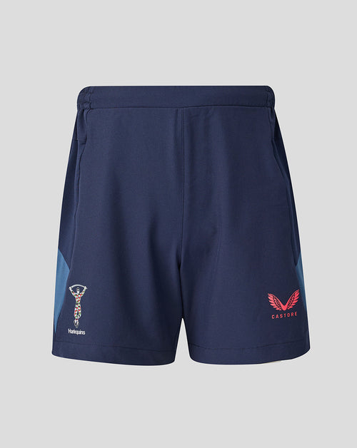 Navy shorts with logos on a light gray background