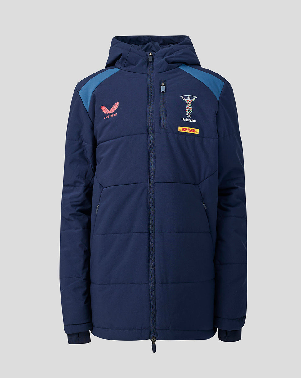 Navy blue jacket with brand logos on a light gray background