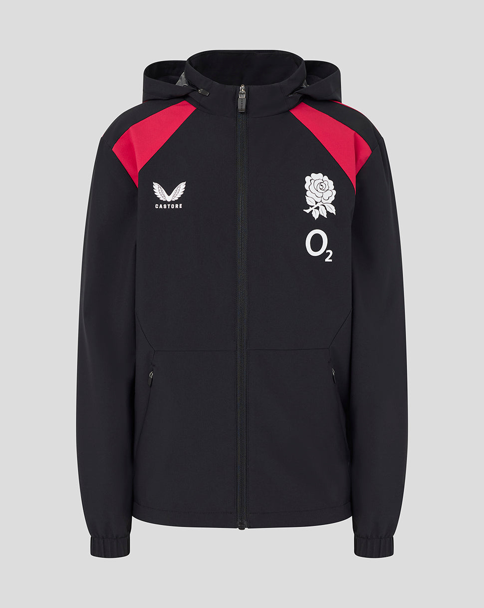 Black jacket with red accents featuring sports logos on a gray background
