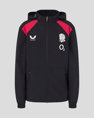 Black jacket with red accents featuring sports logos on a gray background