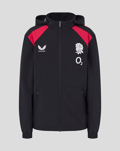 Black jacket with red accents featuring sports logos on a gray background