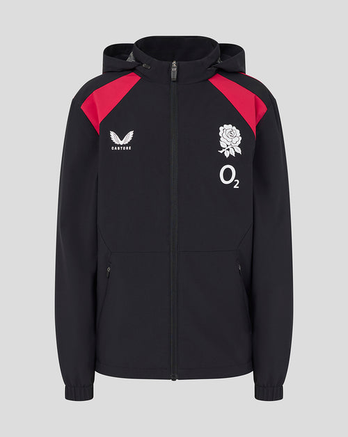 Black jacket with red accents featuring sports logos on a gray background