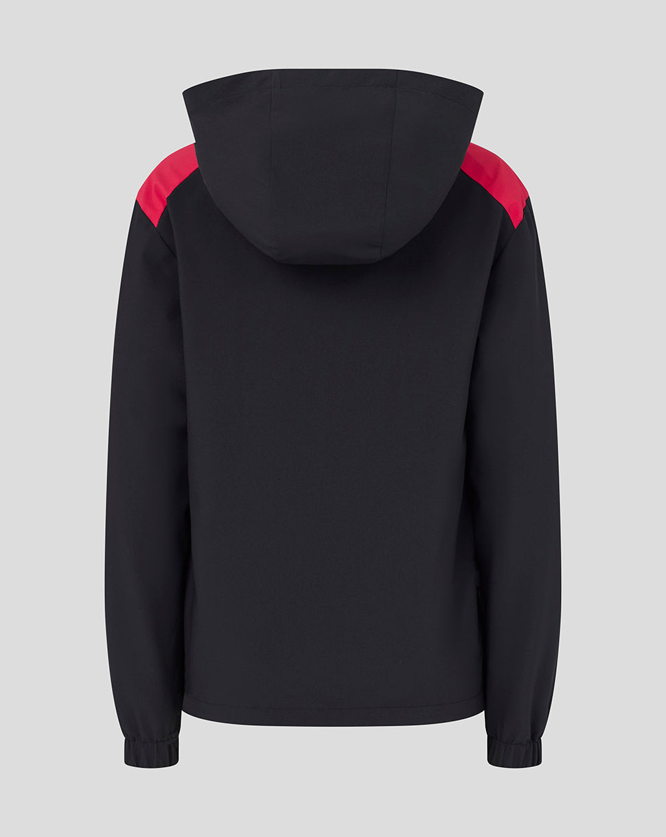 Black hoodie with red accents on a gray background