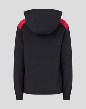 Black hoodie with red accents on a gray background