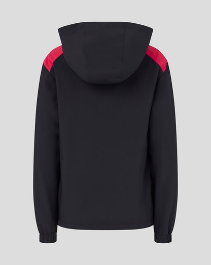 Black hoodie with red accents on a gray background