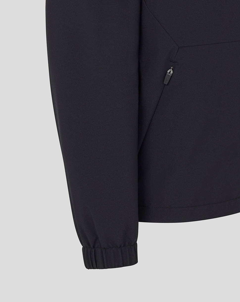 Black jacket with a zipper pocket on a light gray background