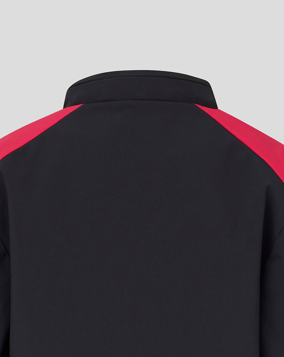 Black jacket with red shoulders on a light gray background