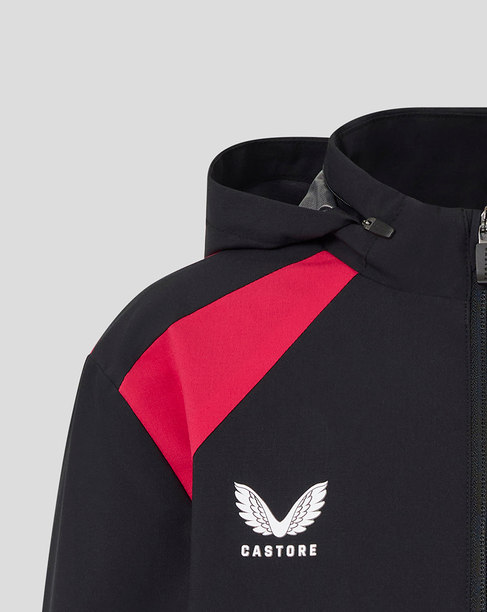 Black jacket with red accents and a visible brand logo on a light gray background