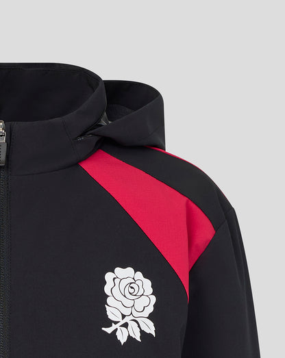 Black and red jacket with a white rose emblem on a gray background
