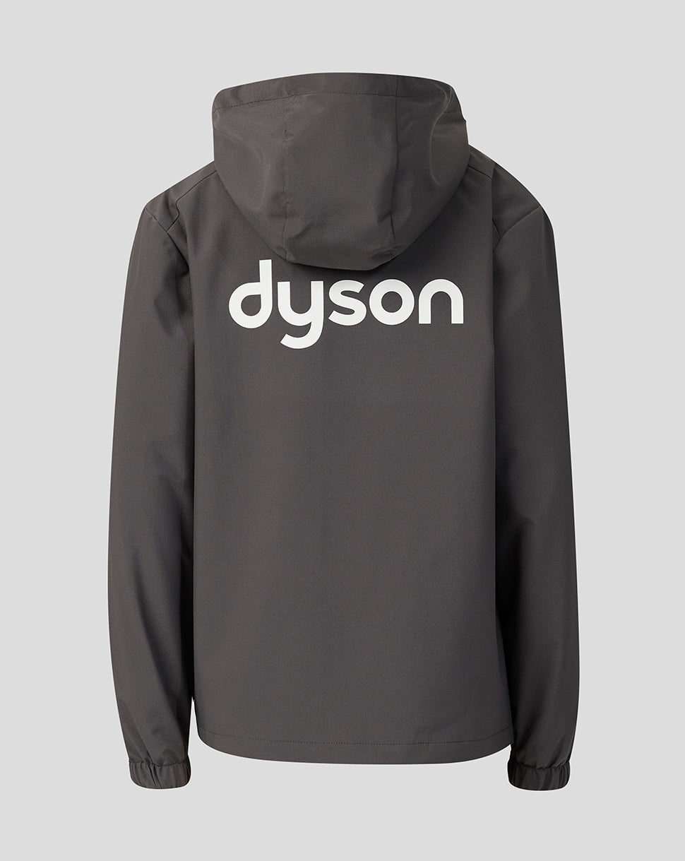 A dark gray hooded jacket shown from the back, featuring the word 'dyson' printed in large white lowercase letters across the upper back, on a light gray background.