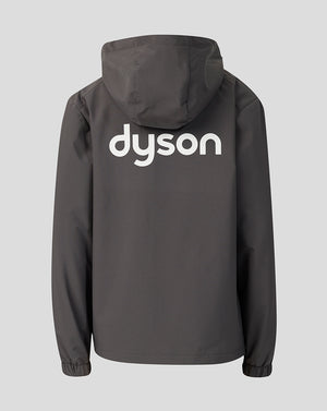 A dark gray hooded jacket shown from the back, featuring the word 'dyson' printed in large white lowercase letters across the upper back, on a light gray background.
