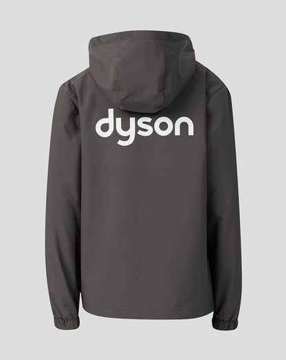 A dark gray hooded jacket shown from the back, featuring the word 'dyson' printed in large white lowercase letters across the upper back, on a light gray background.