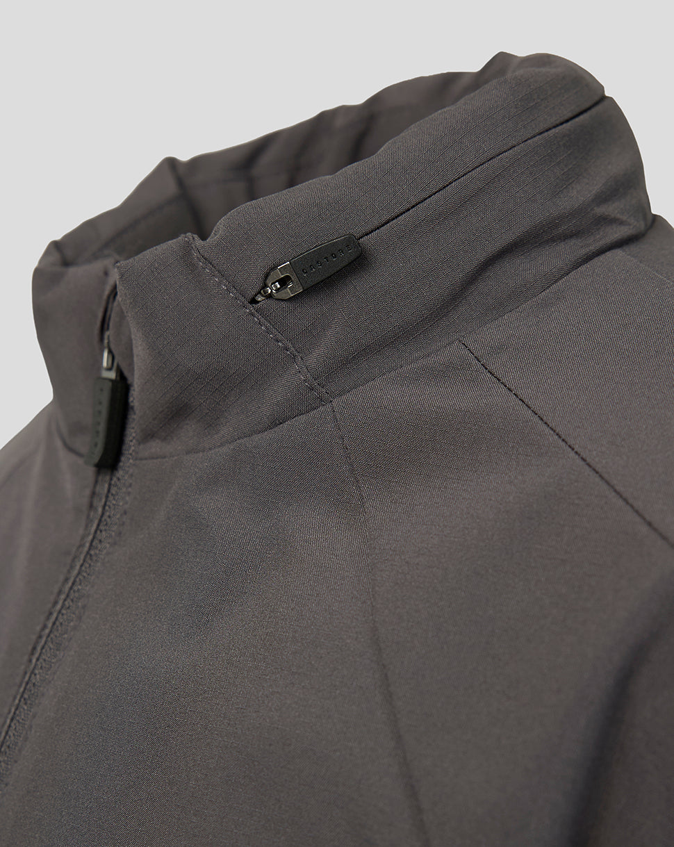Close-up of a dark gray softshell jacket showing the collar, zipper pull, and fabric texture against a light gray background.
