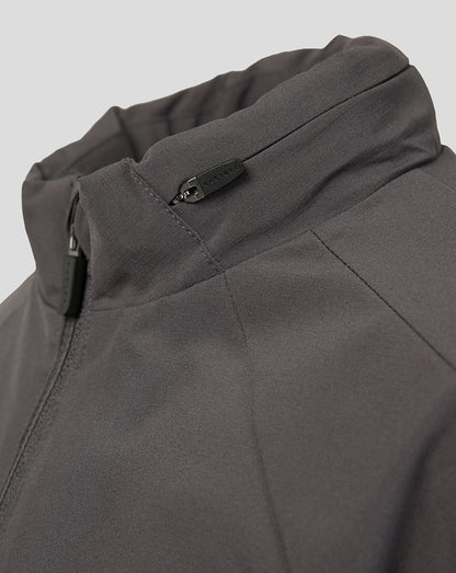Close-up of a dark gray softshell jacket showing the collar, zipper pull, and fabric texture against a light gray background.