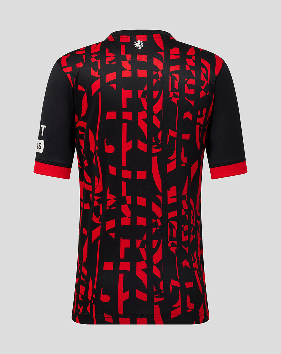 A short-sleeve athletic jersey shown from the back, featuring a black base with a bold red abstract geometric pattern and red trim at the collar and sleeve cuffs, set against a solid light gray background.