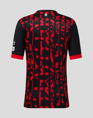 A short-sleeve athletic jersey shown from the back, featuring a black base with a bold red abstract geometric pattern and red trim at the collar and sleeve cuffs, set against a solid light gray background.