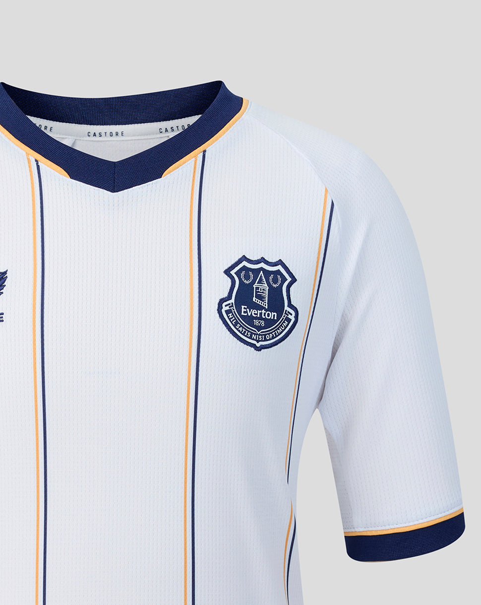 Lower front of white Everton away shirt with vertical navy and gold piping and AERTEK label near hem